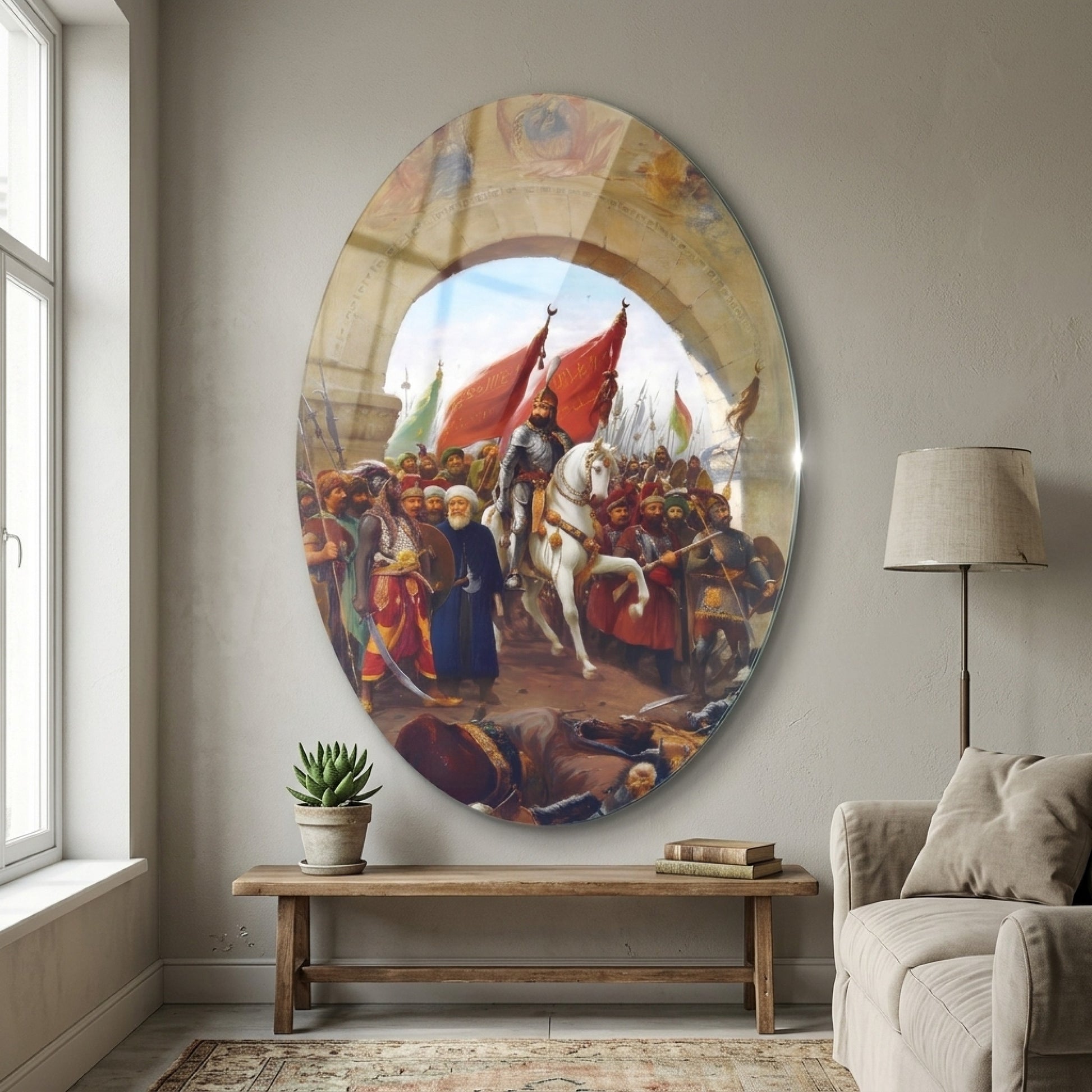 Fatih Sultan Mehmet İstanbulun Fethi Oval Dikey Cam Tablo