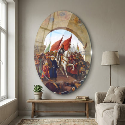 Fatih Sultan Mehmet İstanbulun Fethi Oval Dikey Cam Tablo