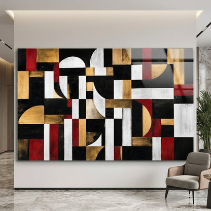Modern Soyut Altın Kırmızı Geometrik Sanat Yatay Cam Tablo