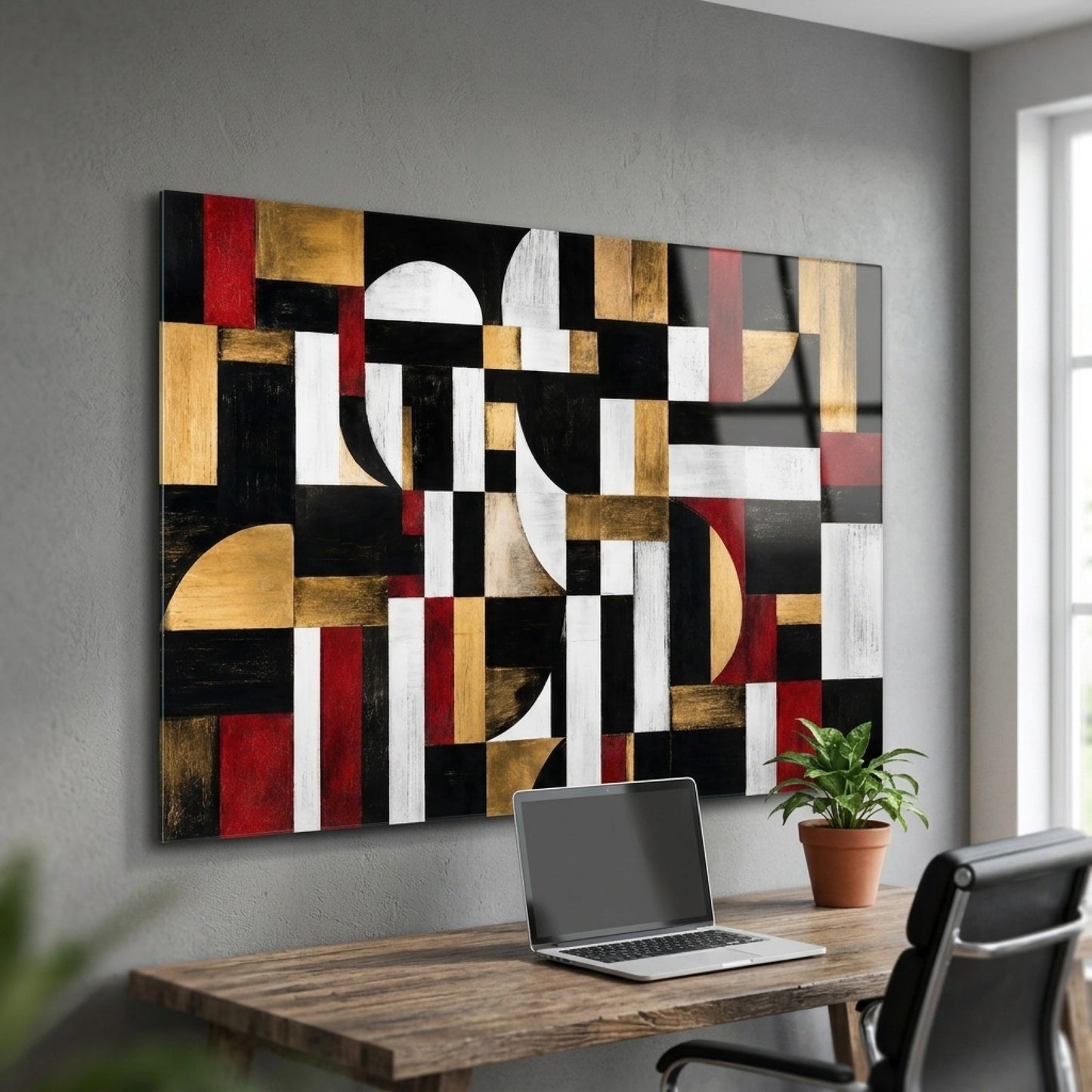 Modern Soyut Altın Kırmızı Geometrik Sanat Yatay Cam Tablo