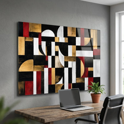 Modern Soyut Altın Kırmızı Geometrik Sanat Yatay Cam Tablo