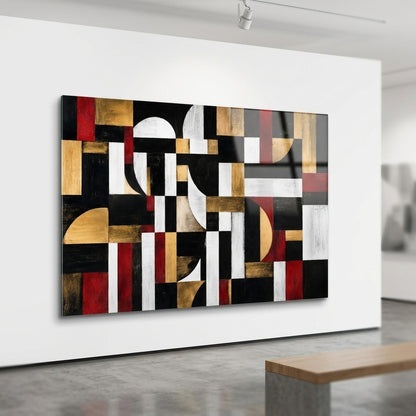 Modern Soyut Altın Kırmızı Geometrik Sanat Yatay Cam Tablo