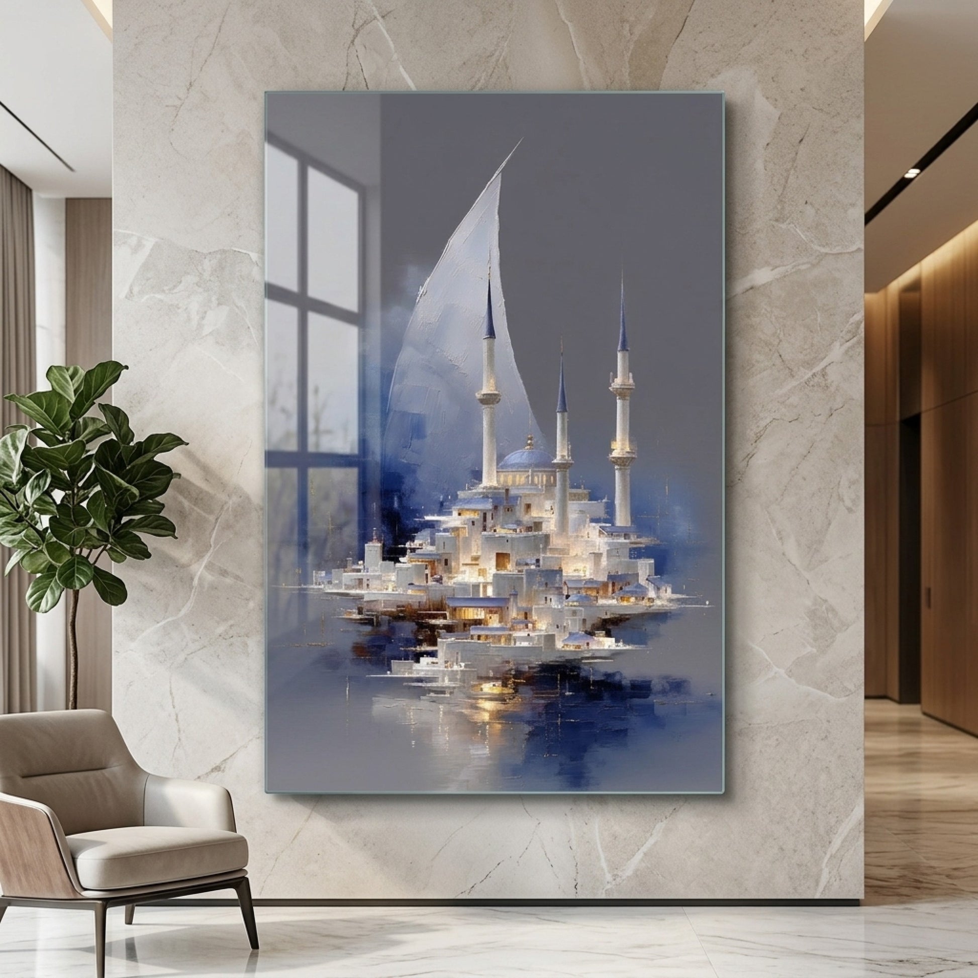 Soyut Mavi Beyaz İstanbul Silueti Yelkenli Dikey Cam Tablo
