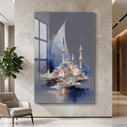 Soyut Mavi Beyaz İstanbul Silueti Yelkenli Dikey Cam Tablo