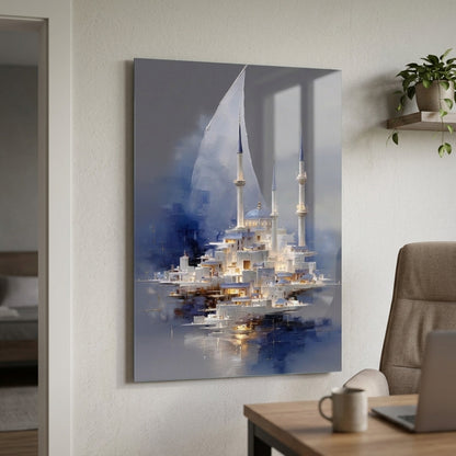 Soyut Mavi Beyaz İstanbul Silueti Yelkenli Dikey Cam Tablo