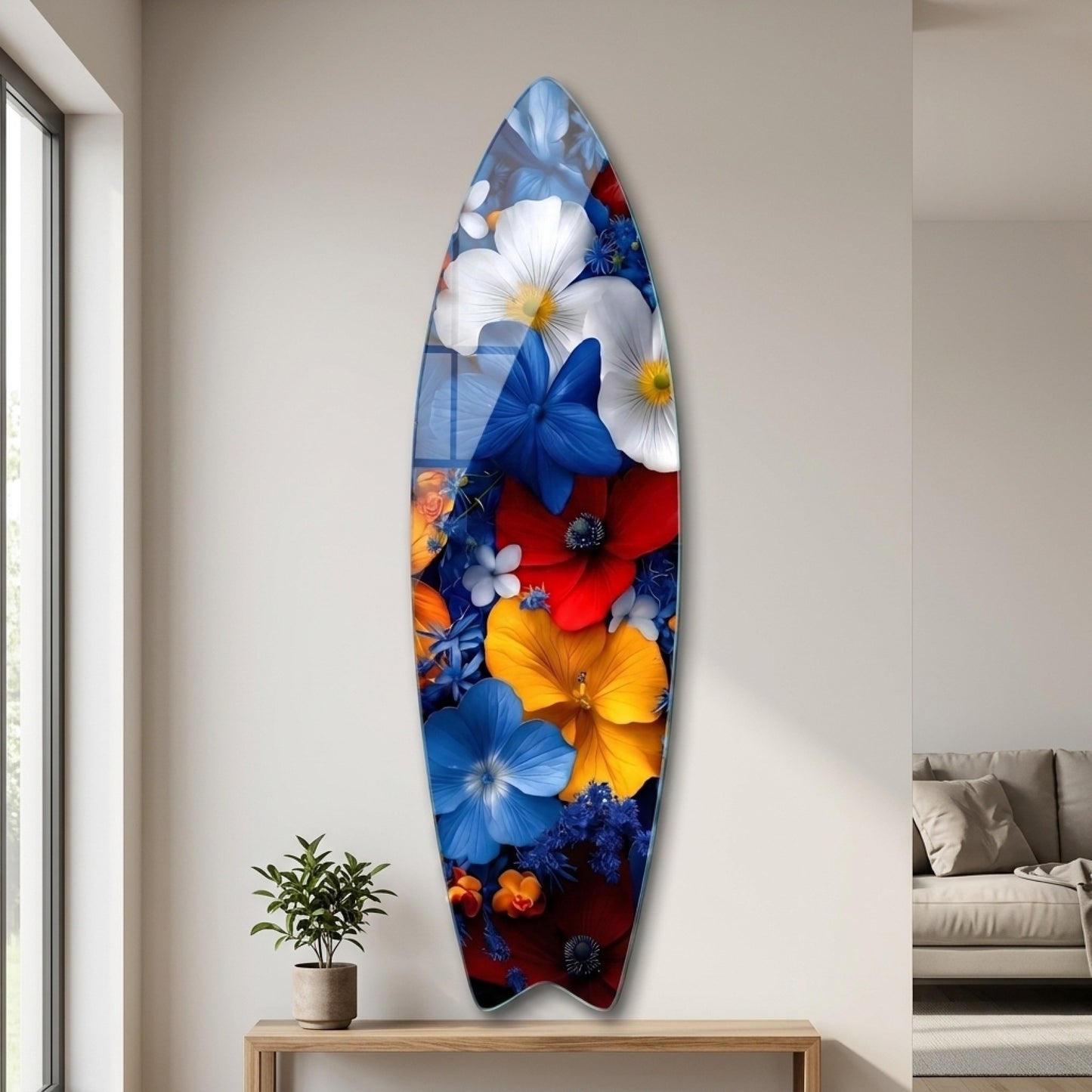 Canlı Renkli Çiçekler Botanik Sanat Surf Board Cam Tablo
