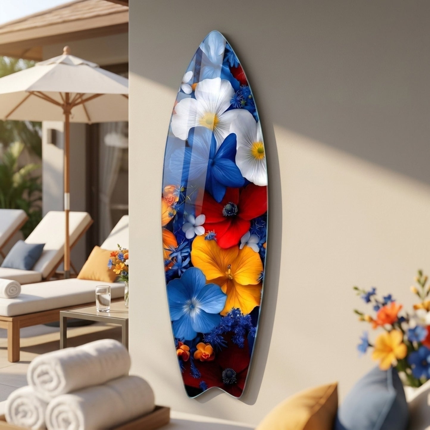 Canlı Renkli Çiçekler Botanik Sanat Surf Board Cam Tablo