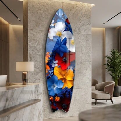 Canlı Renkli Çiçekler Botanik Sanat Surf Board Cam Tablo