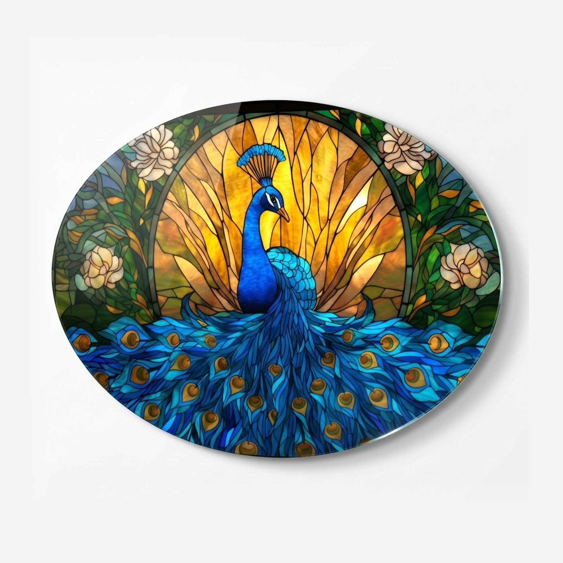 Tavus Kuşu Vitray Art Nouveau Tarzı Oval Yatay Cam Tablo