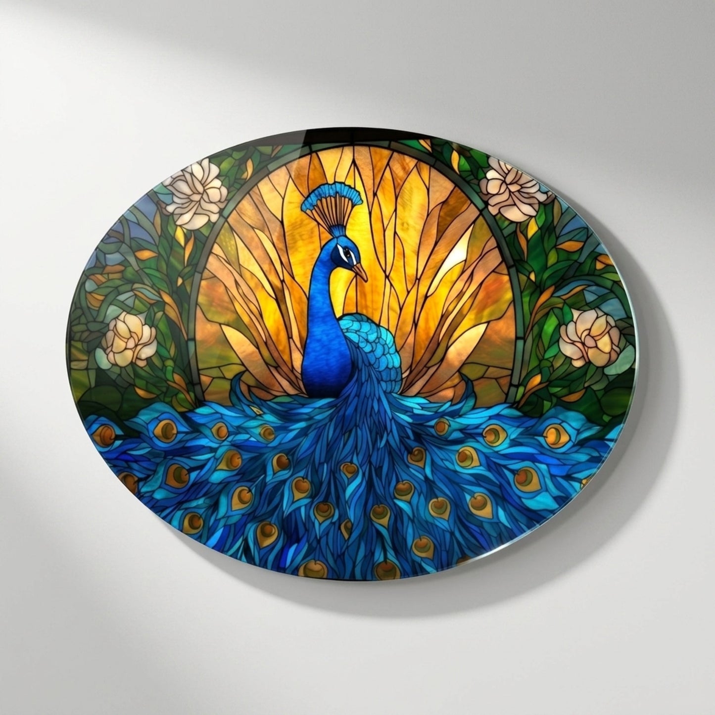 Tavus Kuşu Vitray Art Nouveau Tarzı Oval Yatay Cam Tablo