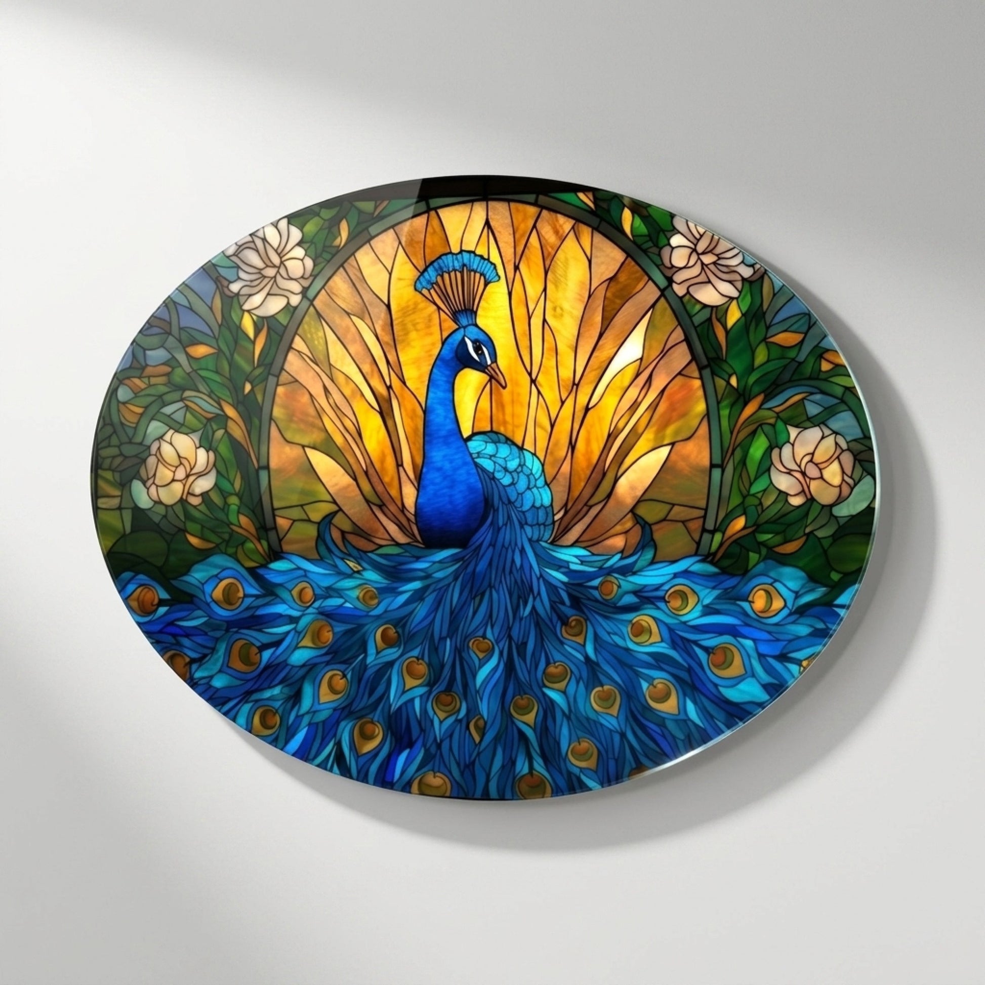Tavus Kuşu Vitray Art Nouveau Tarzı Oval Yatay Cam Tablo