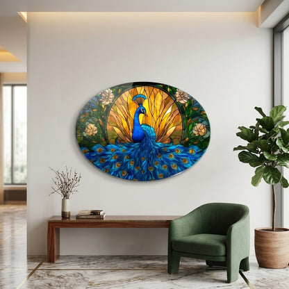 Tavus Kuşu Vitray Art Nouveau Tarzı Oval Yatay Cam Tablo