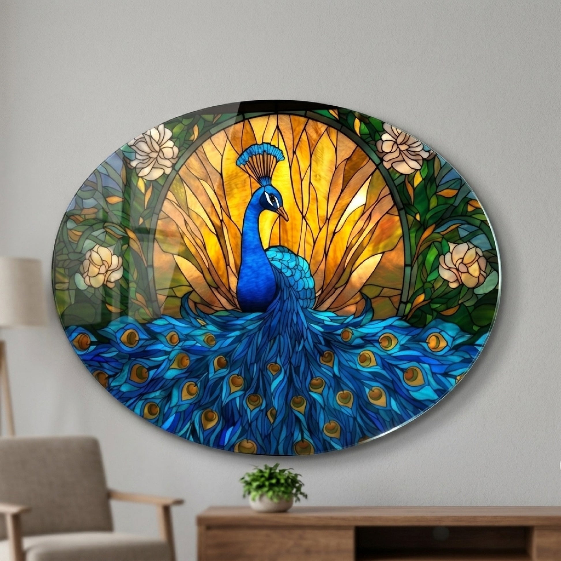 Tavus Kuşu Vitray Art Nouveau Tarzı Oval Yatay Cam Tablo