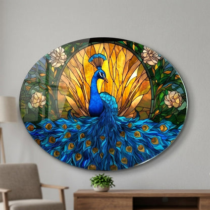 Tavus Kuşu Vitray Art Nouveau Tarzı Oval Yatay Cam Tablo