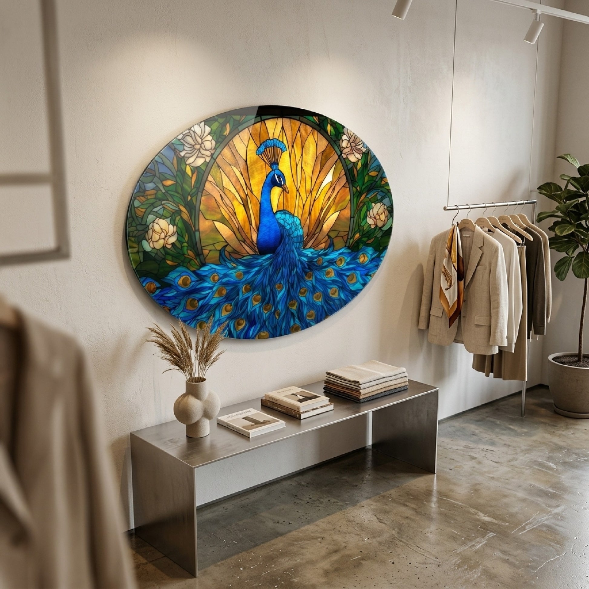 Tavus Kuşu Vitray Art Nouveau Tarzı Oval Yatay Cam Tablo
