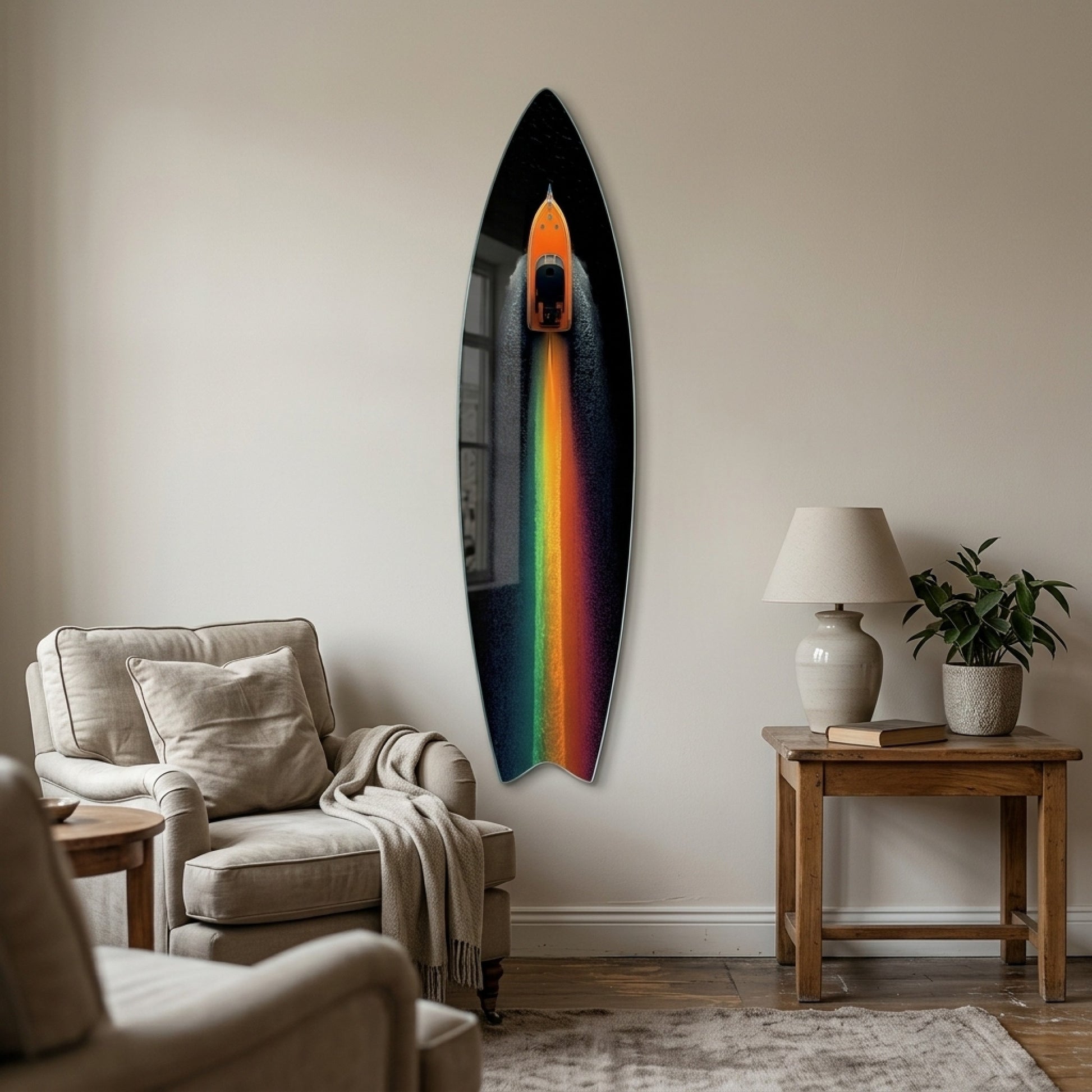 Modern Renkli İz Bırakan Tekne Surf Board Cam Tablo