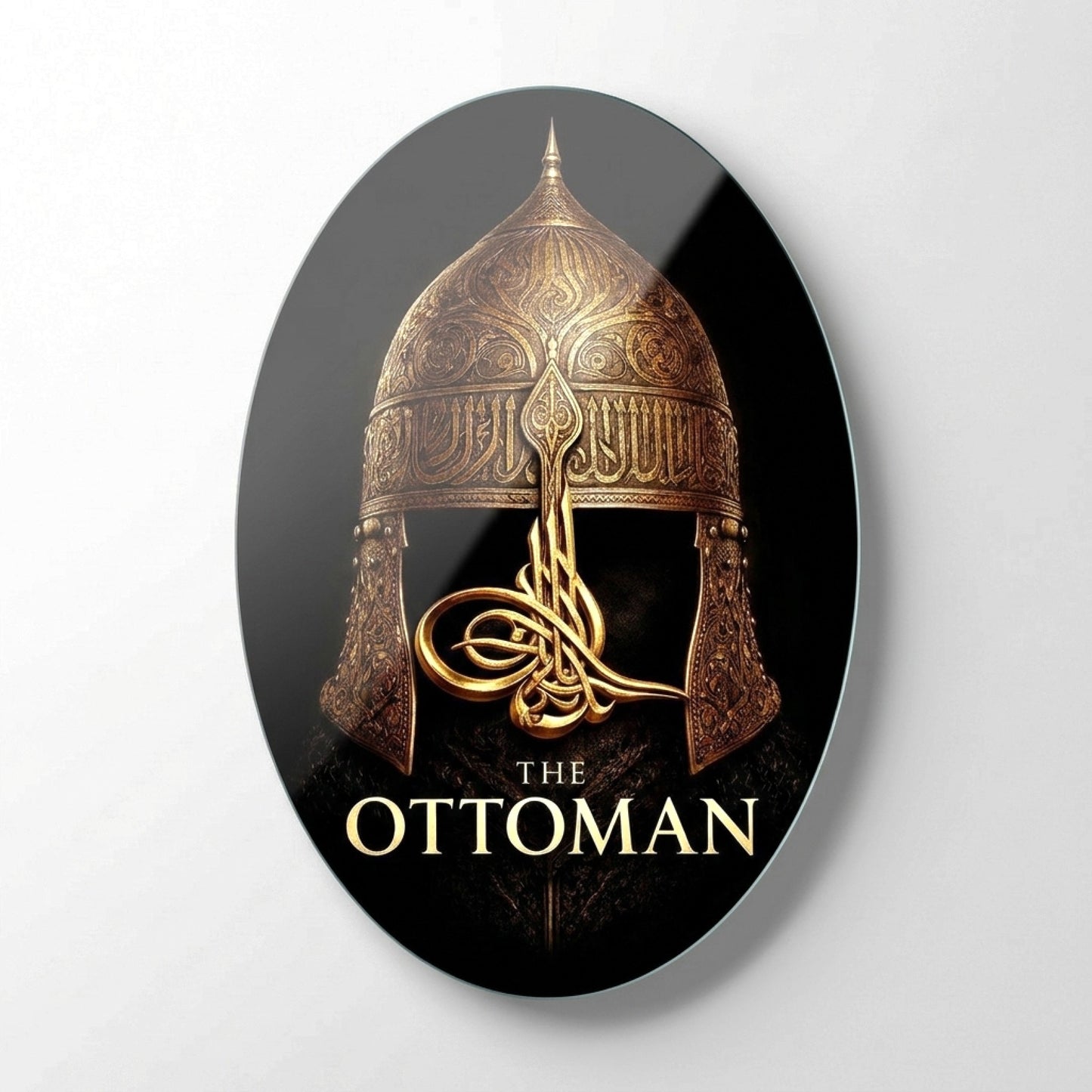Osmanlı Miğferi ve Altın Tuğra Sanatı Oval Dikey Cam Tablo