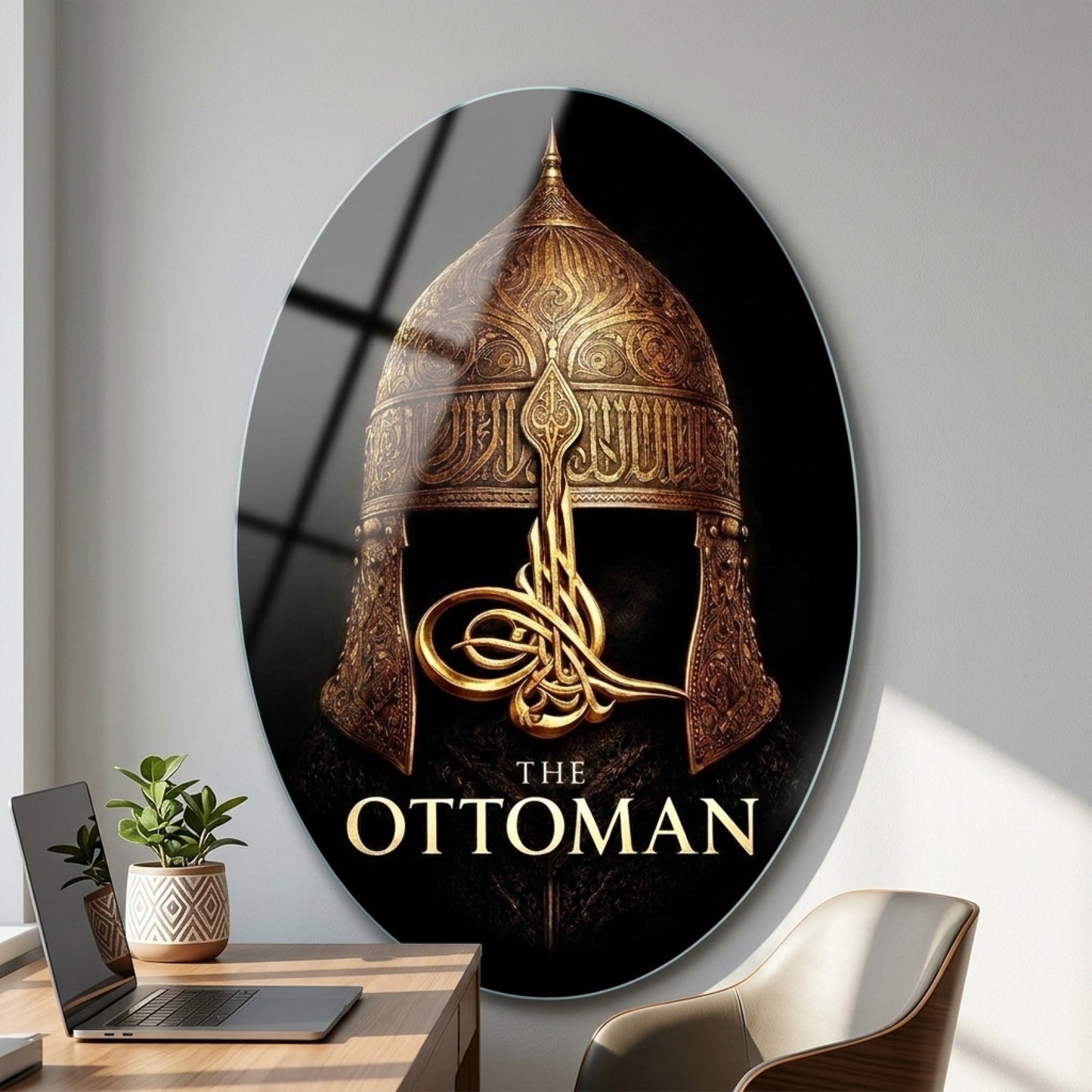 Osmanlı Miğferi ve Altın Tuğra Sanatı Oval Dikey Cam Tablo