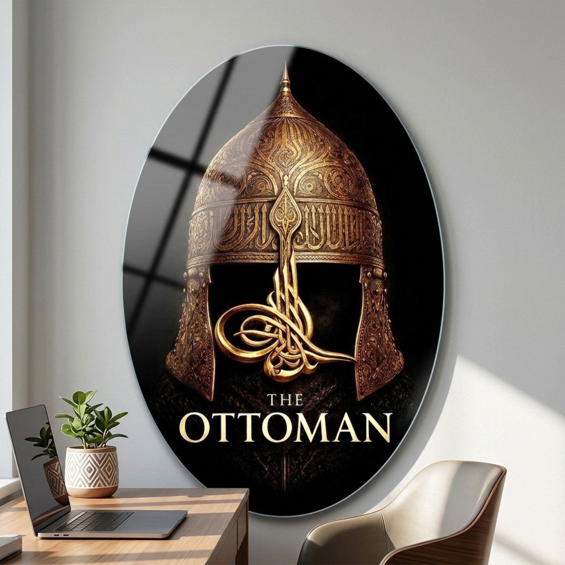 Osmanlı Miğferi ve Altın Tuğra Sanatı Oval Dikey Cam Tablo