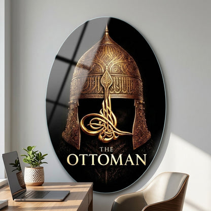 Osmanlı Miğferi ve Altın Tuğra Sanatı Oval Dikey Cam Tablo