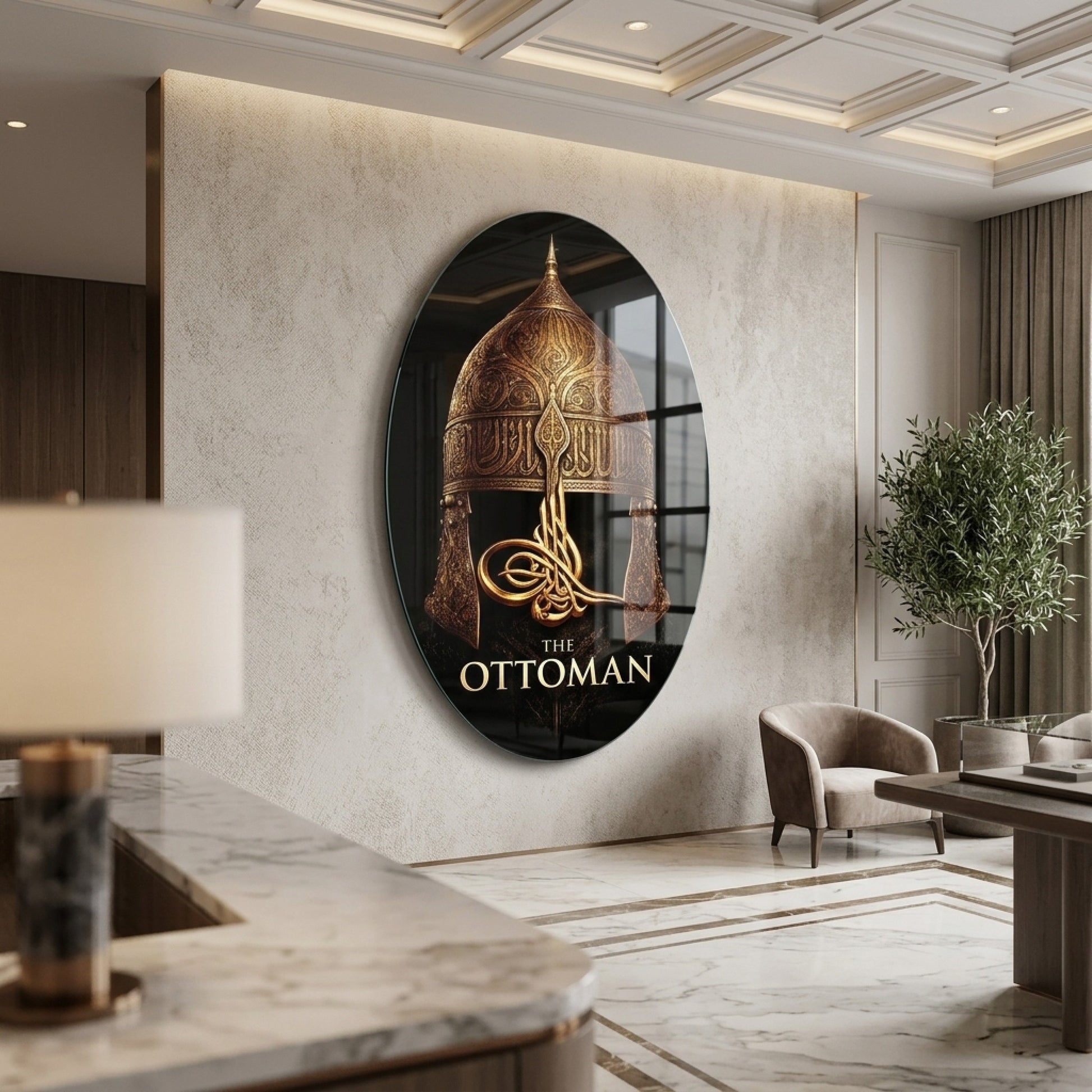 Osmanlı Miğferi ve Altın Tuğra Sanatı Oval Dikey Cam Tablo