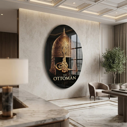 Osmanlı Miğferi ve Altın Tuğra Sanatı Oval Dikey Cam Tablo
