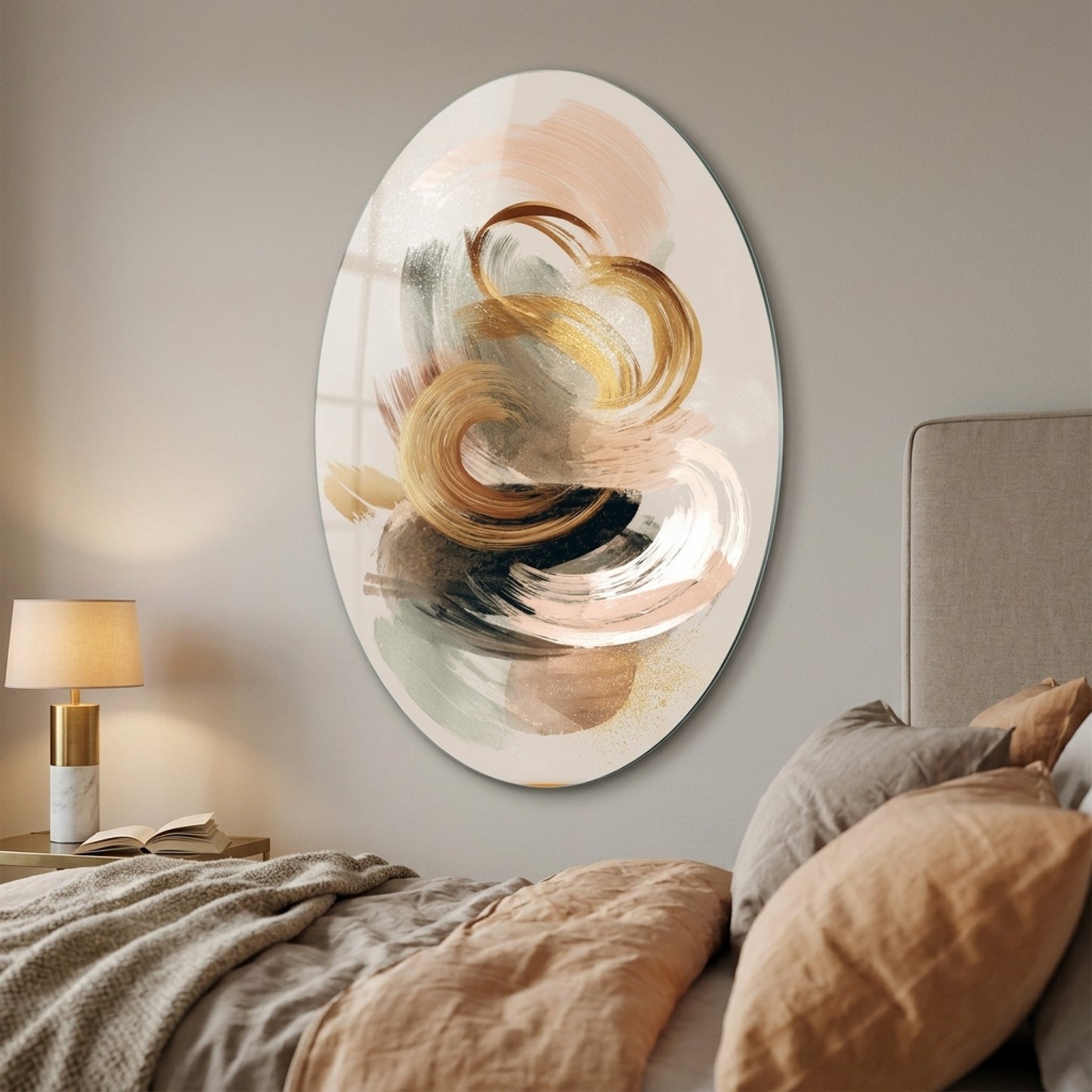Modern Soyut Altın Ve Bej Oval Dikey Cam Tablo