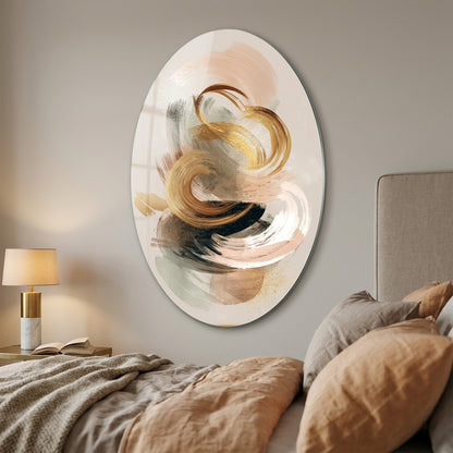 Modern Soyut Altın Ve Bej Oval Dikey Cam Tablo