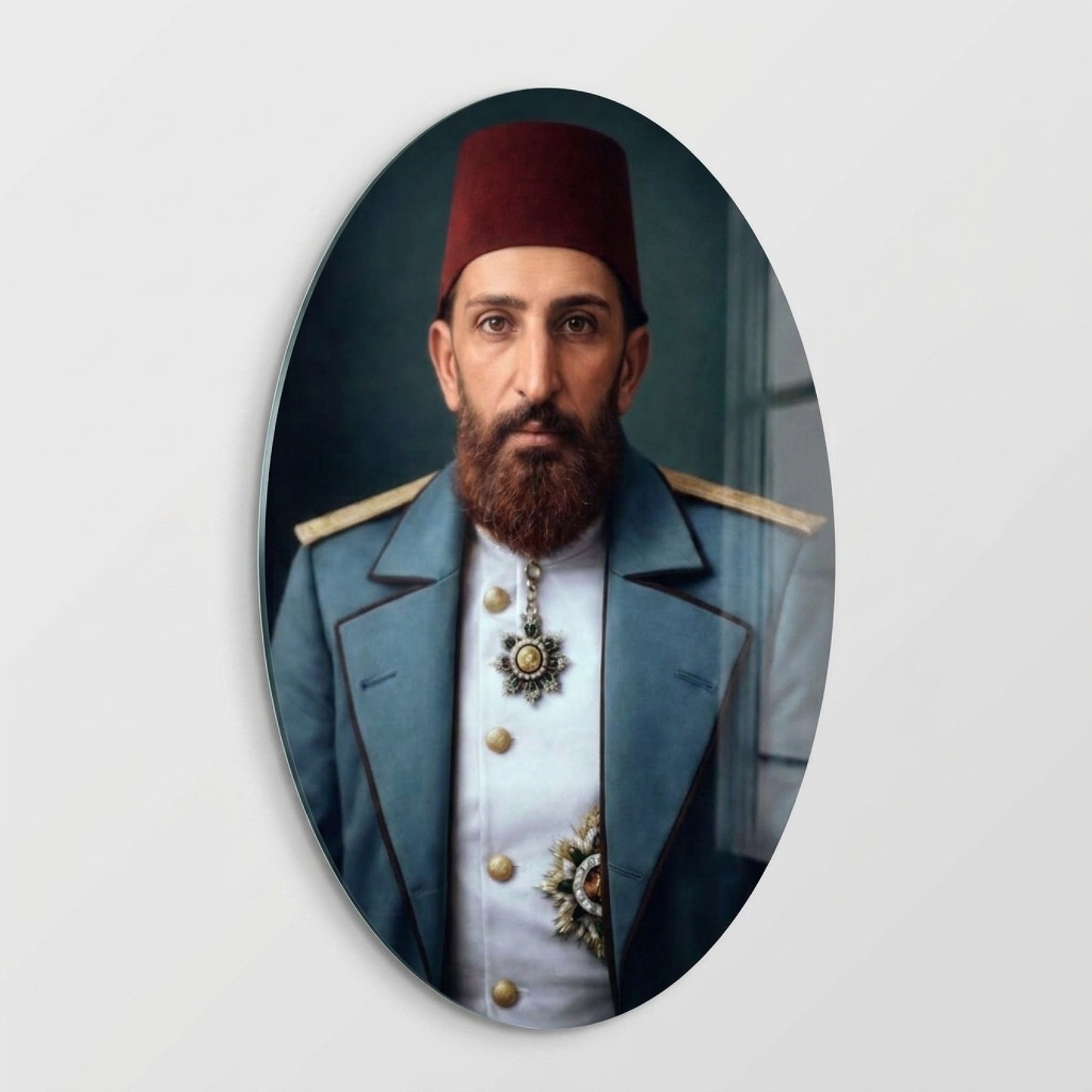 Osmanlı Dönemi Paşası Portresi Oval Dikey Cam Tablo