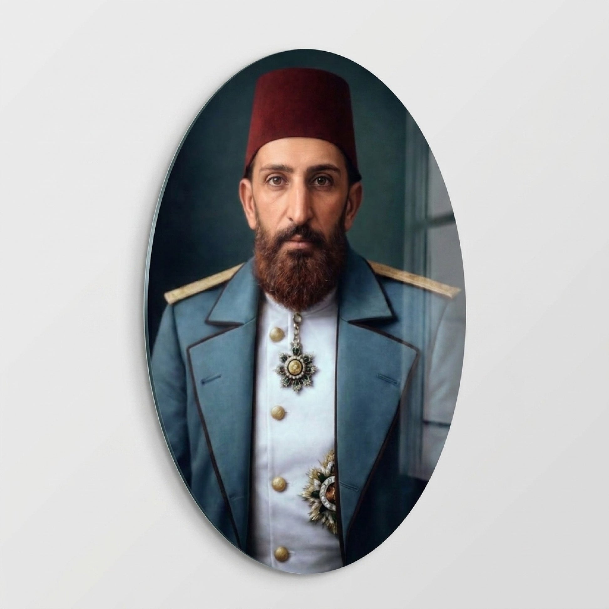 Osmanlı Dönemi Paşası Portresi Oval Dikey Cam Tablo