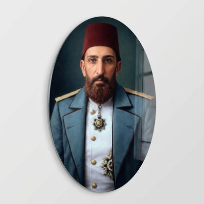 Osmanlı Dönemi Paşası Portresi Oval Dikey Cam Tablo