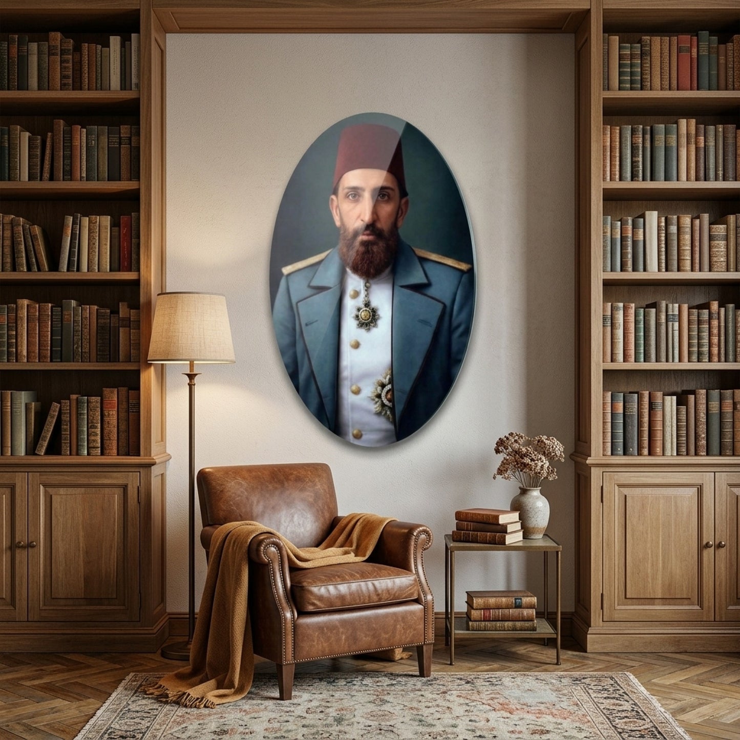Osmanlı Dönemi Paşası Portresi Oval Dikey Cam Tablo