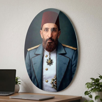 Osmanlı Dönemi Paşası Portresi Oval Dikey Cam Tablo