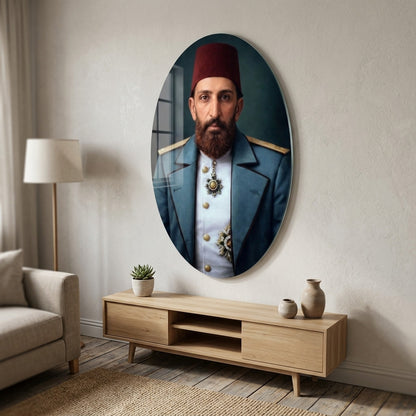 Osmanlı Dönemi Paşası Portresi Oval Dikey Cam Tablo