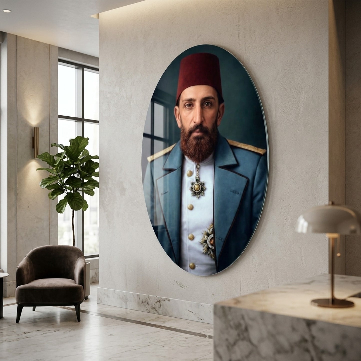 Osmanlı Dönemi Paşası Portresi Oval Dikey Cam Tablo