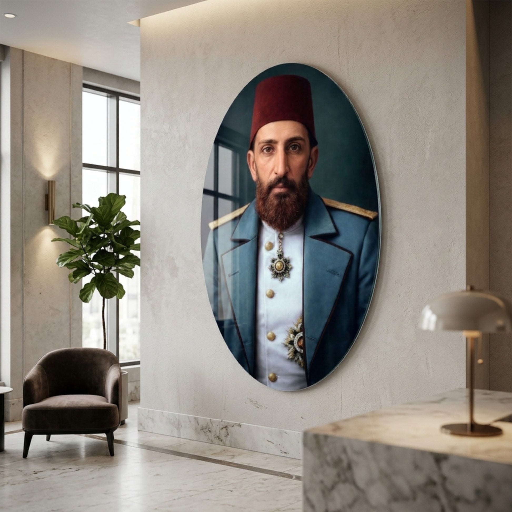 Osmanlı Dönemi Paşası Portresi Oval Dikey Cam Tablo