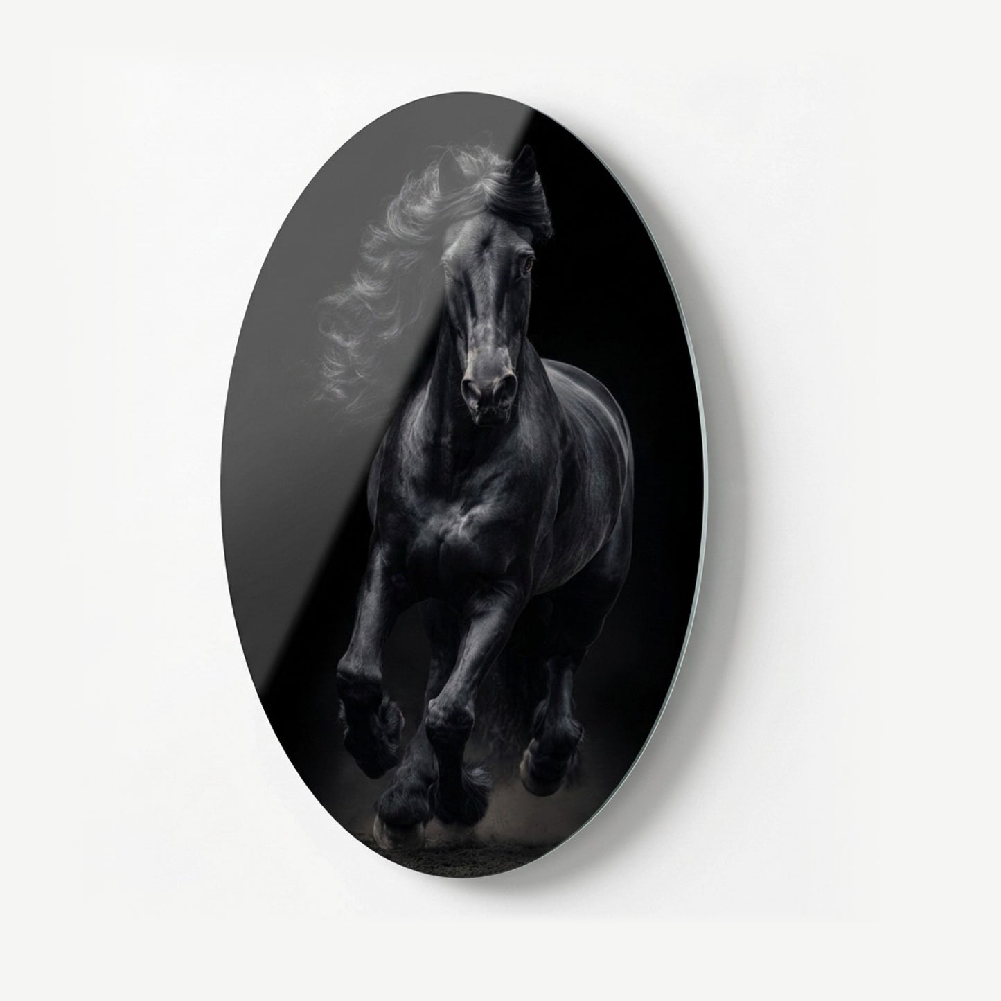 Asil Siyah Friesian Atı Sanat Eseri Oval Dikey Cam Tablo