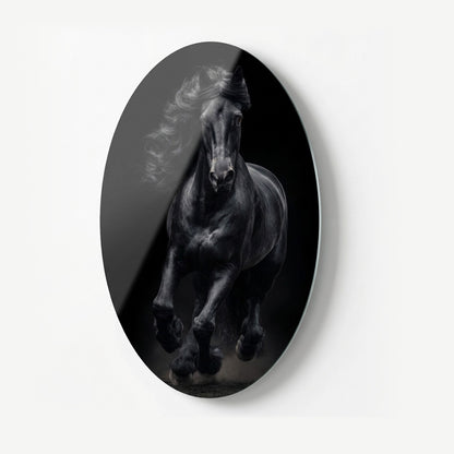 Asil Siyah Friesian Atı Sanat Eseri Oval Dikey Cam Tablo