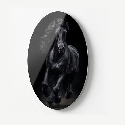 Asil Siyah Friesian Atı Sanat Eseri Oval Dikey Cam Tablo