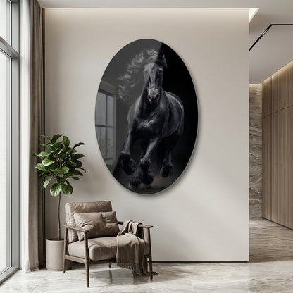 Asil Siyah Friesian Atı Sanat Eseri Oval Dikey Cam Tablo