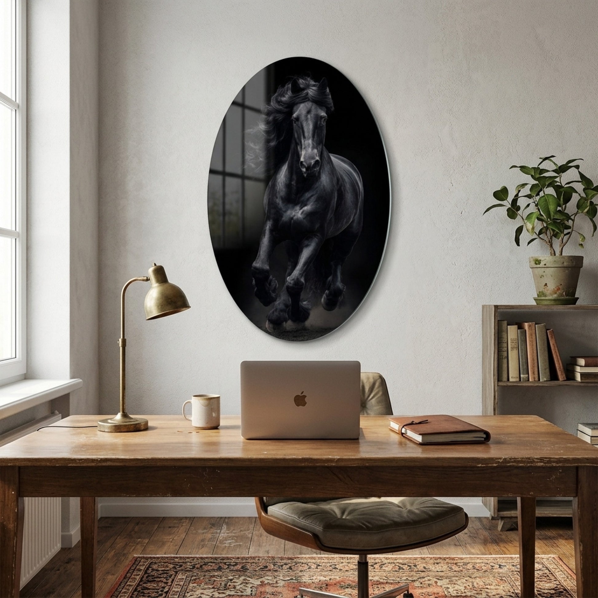 Asil Siyah Friesian Atı Sanat Eseri Oval Dikey Cam Tablo