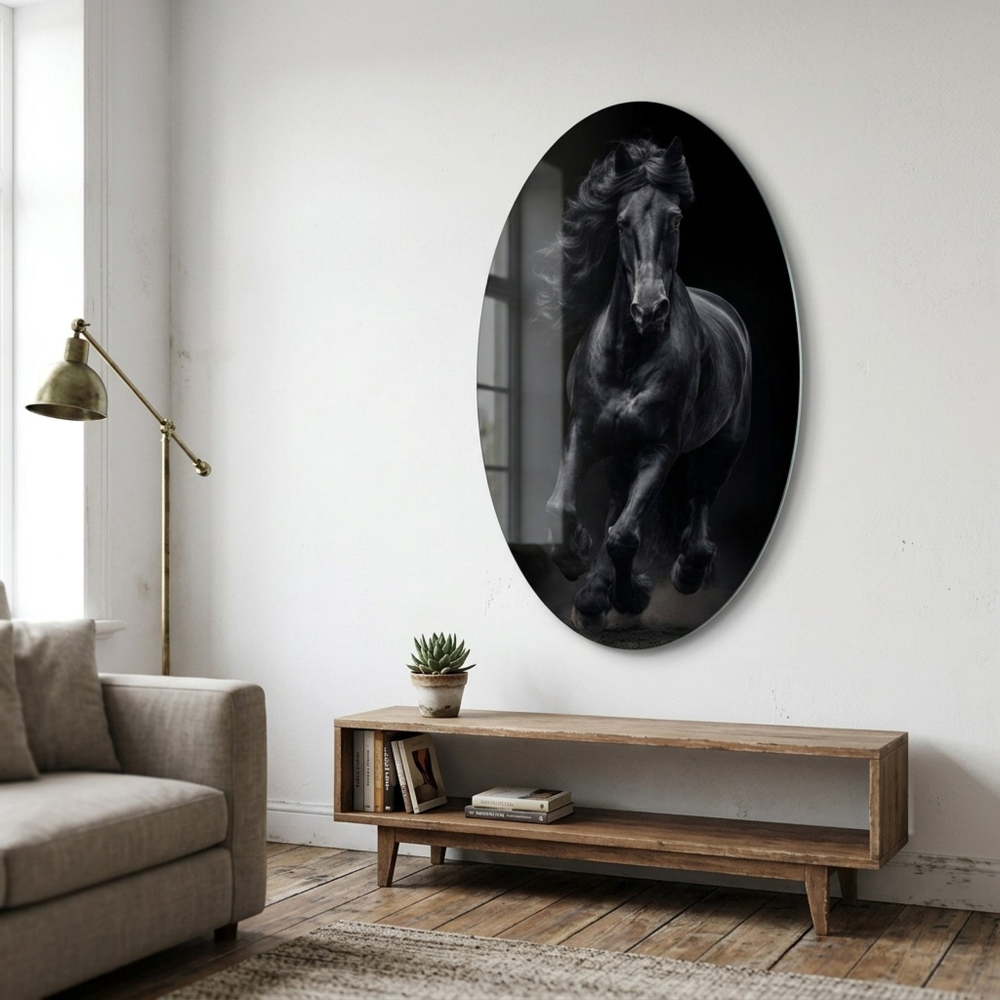 Asil Siyah Friesian Atı Sanat Eseri Oval Dikey Cam Tablo