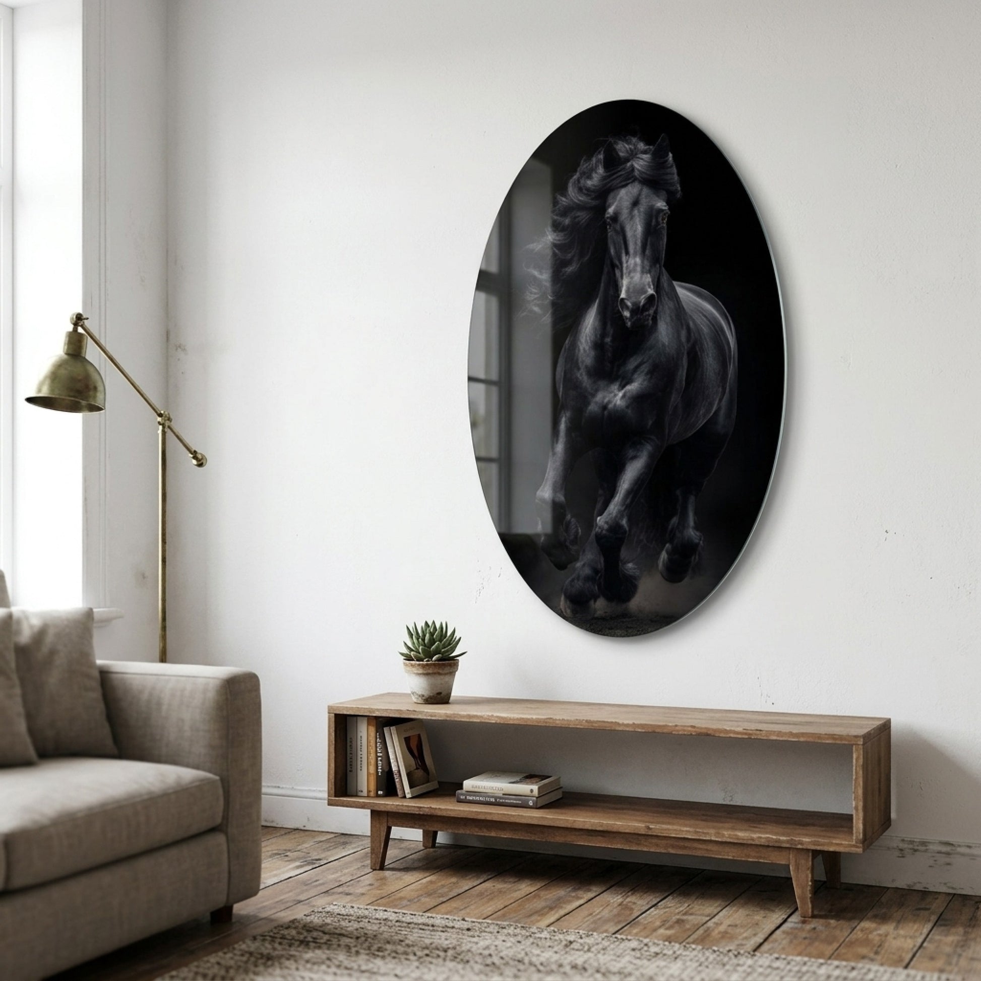Asil Siyah Friesian Atı Sanat Eseri Oval Dikey Cam Tablo