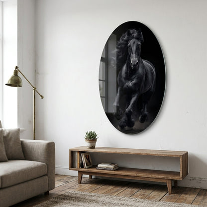 Asil Siyah Friesian Atı Sanat Eseri Oval Dikey Cam Tablo