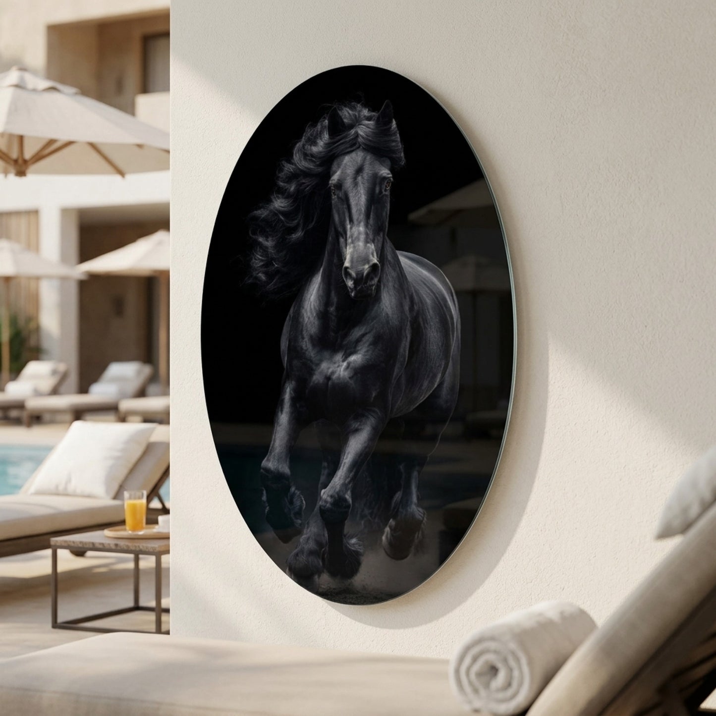 Asil Siyah Friesian Atı Sanat Eseri Oval Dikey Cam Tablo