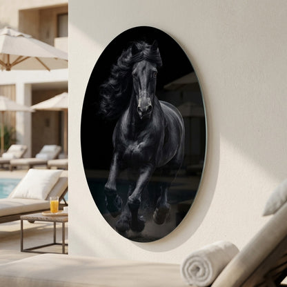 Asil Siyah Friesian Atı Sanat Eseri Oval Dikey Cam Tablo