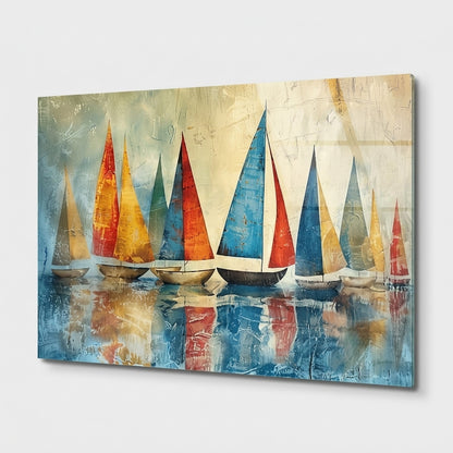 Soyut Yelkenli Tekneler Sanat Eseri Yatay Cam Tablo