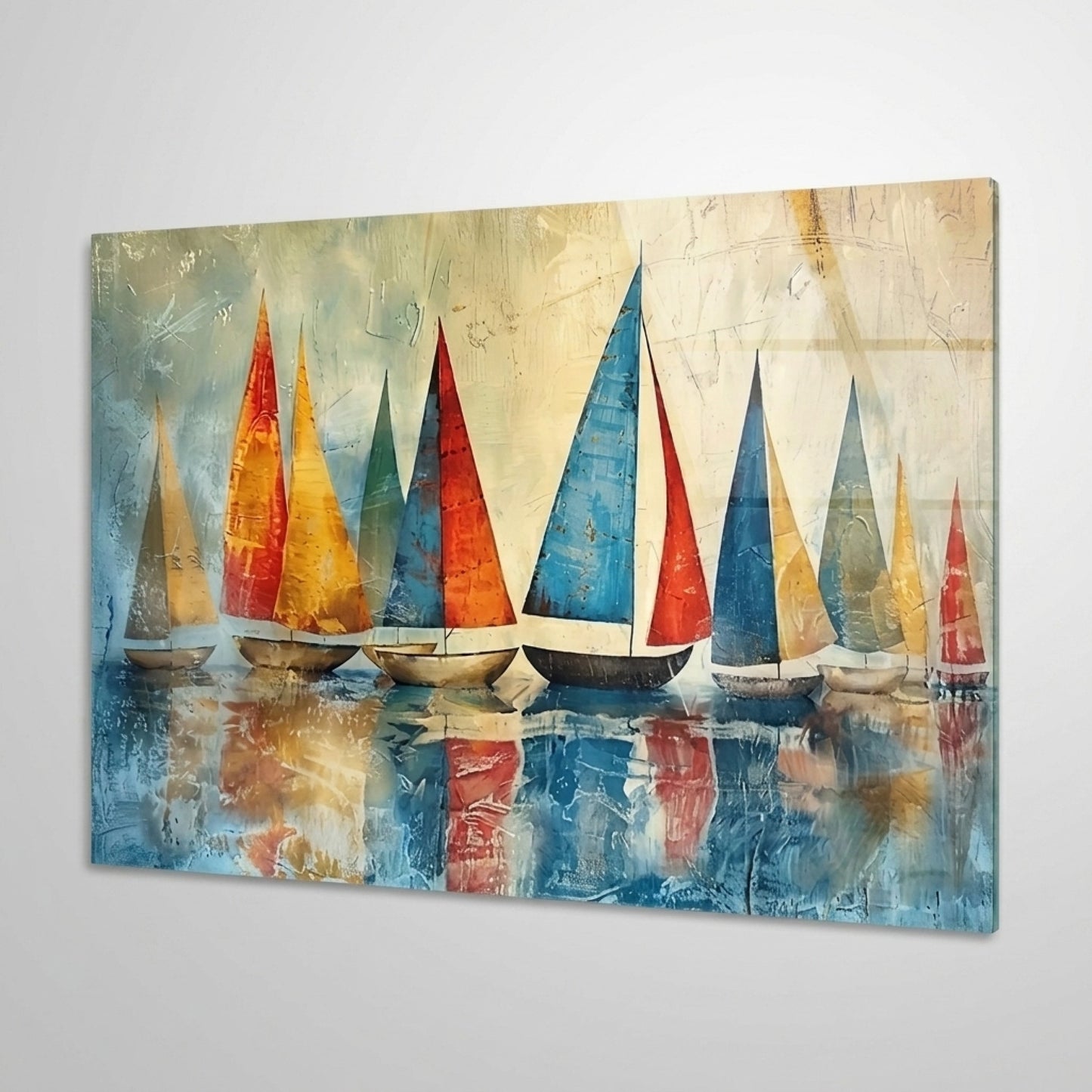 Soyut Yelkenli Tekneler Sanat Eseri Yatay Cam Tablo