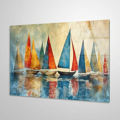 Soyut Yelkenli Tekneler Sanat Eseri Yatay Cam Tablo