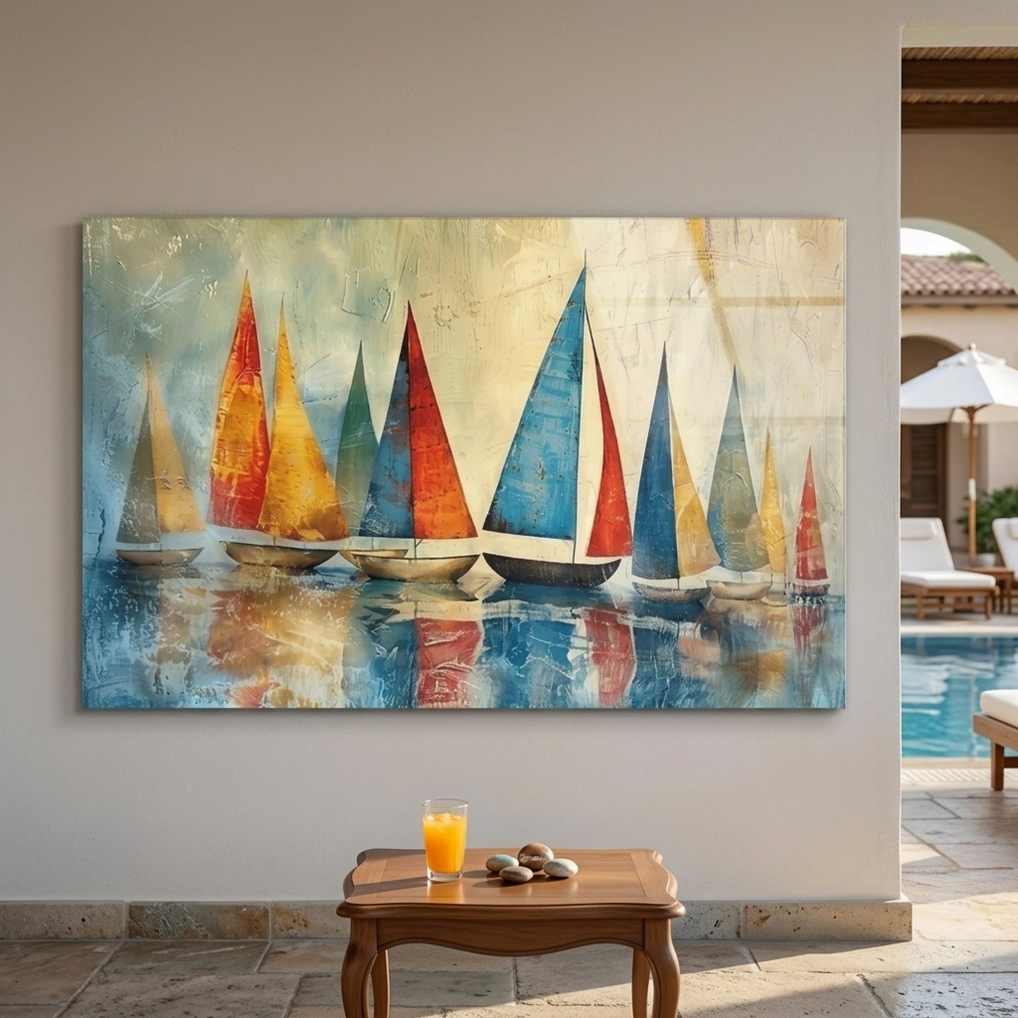 Soyut Yelkenli Tekneler Sanat Eseri Yatay Cam Tablo